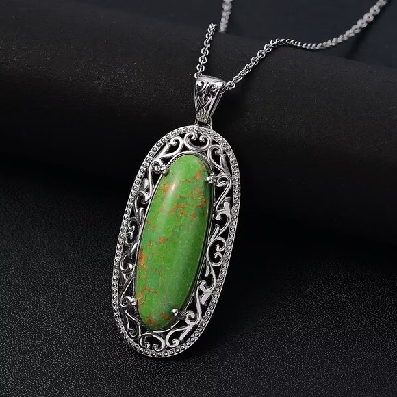 NEW Mojave Green Turquoise Pendant in Platinum Over Copper with Magnet w/Chain - Picture 2 of 4